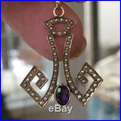 Art Deco Antique necklace Pendant Amethyst and Pearl 12k