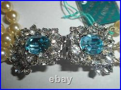 Art Deco Aqua Rhinestone Czecho Clasp 3 strand 6mm Majorca Pearl 17 3/4 necklace
