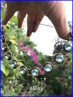 Art Deco Aquamarine Blue Glass Open Bezel French Paste Choker Necklace Vtg 20s