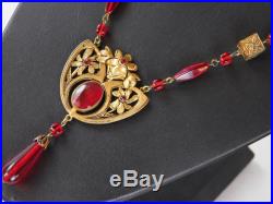 Art Deco Art Nouveau Cherry Amber Bakelite Hand Knotted Lavalier Necklace 35