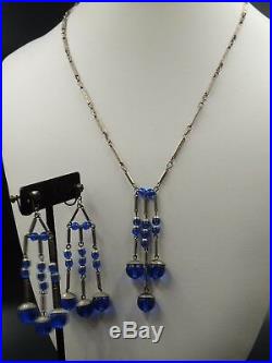 Art Deco Arts & Crafts Rare Set Earrings Necklace Cobalt Blue Hand Poured Glass