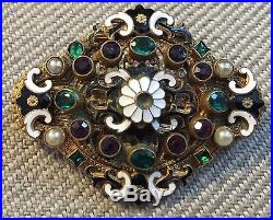 Art Deco Austro Hungarian Brass Enamel Necklace & Brooch In Suffragette Colors