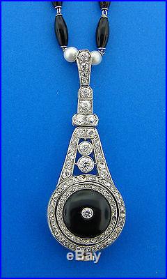 Art Deco BLACK ONYX PEARL DIAMOND & PLATINUM WATCH PENDANT NECKLACE Amazing