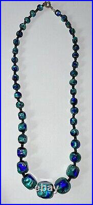 Art Deco BOHEMIAN Lava GLASS Peacock Cobalt Blue Aqua Foil Bead Necklace