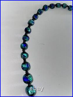 Art Deco BOHEMIAN Lava GLASS Peacock Cobalt Blue Aqua Foil Bead Necklace