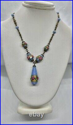 Art Deco Baby Blue Satin Murano Venetian Glass Wedding Cake Beads Drop Necklace