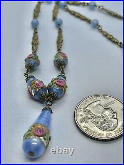 Art Deco Baby Blue Satin Murano Venetian Glass Wedding Cake Beads Drop Necklace