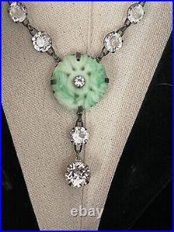 Art Deco Bezel Clear Glass Crystal Station Necklace Pierced Jade Glass Pendant