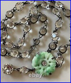 Art Deco Bezel Clear Glass Crystal Station Necklace Pierced Jade Glass Pendant