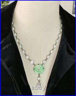 Art Deco Bezel Clear Glass Crystal Station Necklace Pierced Jade Glass Pendant