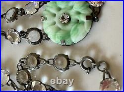 Art Deco Bezel Clear Glass Crystal Station Necklace Pierced Jade Glass Pendant