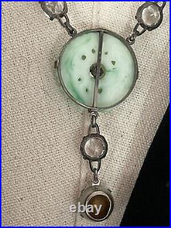 Art Deco Bezel Clear Glass Crystal Station Necklace Pierced Jade Glass Pendant