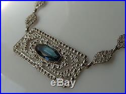 Art Deco Blue Faceted Stone Sterling Silver Necklace w Articulated Links
