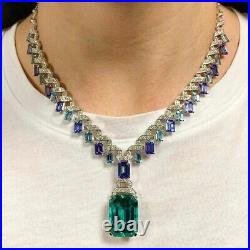 Art Deco Blue & Green Women Necklace CZ 925 Sterling Silver Cocktail Jewelry