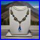 Art Deco Blue Lozenge Czech Glass Drop Square Enamel Station Pendant Necklace