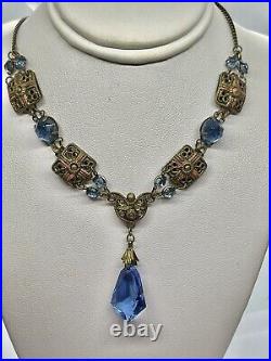 Art Deco Blue Lozenge Czech Glass Drop Square Enamel Station Pendant Necklace