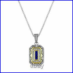 Art Deco Blue Sapphire & Lab Created Diamond Vintage Wedding 925 Silver Pendant