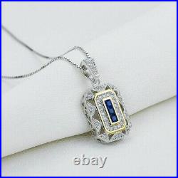 Art Deco Blue Sapphire & Lab Created Diamond Vintage Wedding 925 Silver Pendant