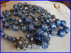 Art Deco Blue Venetian Bohemian extra long foil glass bead necklace. REDUCED