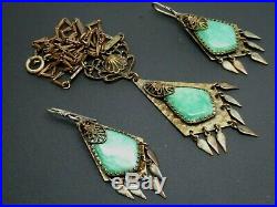 Art Deco Brass Filigree Green Czech Art Glass Dangle Earring Necklace Set 24