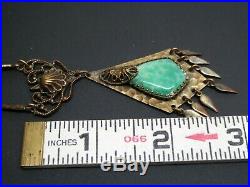 Art Deco Brass Filigree Green Czech Art Glass Dangle Earring Necklace Set 24