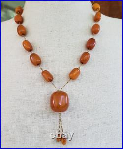 Art Deco Butterscotch Amber Barrel Bead Choker Y Necklace 22 39 grams GF Metal