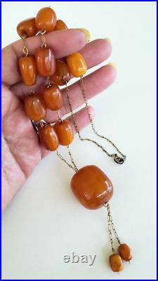 Art Deco Butterscotch Amber Barrel Bead Choker Y Necklace 22 39 grams GF Metal