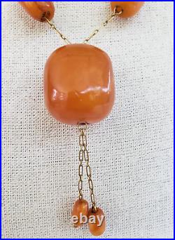 Art Deco Butterscotch Amber Barrel Bead Choker Y Necklace 22 39 grams GF Metal