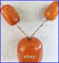 Art Deco Butterscotch Amber Barrel Bead Choker Y Necklace 22 39 grams GF Metal