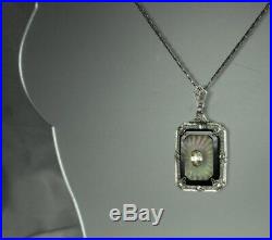 Art Deco CAMPHOR GLASS Necklace 1930s FILIGREE Work ONYX & Sunray CRYSTAL 16.5