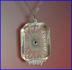 Art Deco CAMPHOR GLASS Necklace 1930s STERLING ONYX & Enamel Sunray Crystal 17