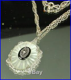 Art Deco CAMPHOR GLASS Necklace 1930s Sunray Crystal MARCASITE ONYX Center FAB