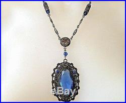 Art Deco CZECH Faceted Blue Glass & Filigree Brass Vintage Necklace