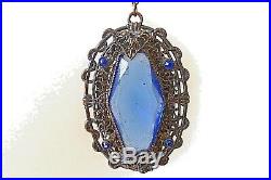 Art Deco CZECH Faceted Blue Glass & Filigree Brass Vintage Necklace