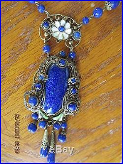 Art Deco CZECH Lapis Glass NECKLACE with Jeweled Filigree