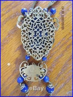 Art Deco CZECH Lapis Glass NECKLACE with Jeweled Filigree