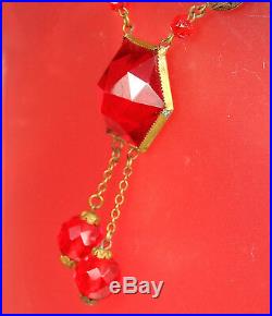 Art Deco CZECH Necklace SIGNED 1930s ROSE CUT RED Glass 16.5 Choker Length
