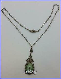 Art Deco Camphor Glass Lavaliere Necklace With Textured Filigree Paperclip Chain