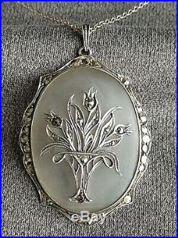 Art Deco Camphor Glass Marcasite Flower Necklace Pendant Sterling Silver German