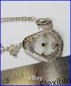Art Deco Camphor Glass Tiny Diamond Sterling Necklace Vintage