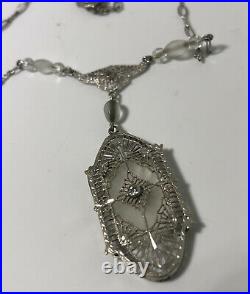 Art Deco Camphor glass sterling silver vintage necklace. Diamond Accent