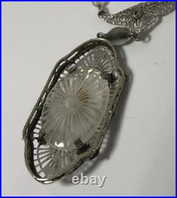 Art Deco Camphor glass sterling silver vintage necklace. Diamond Accent