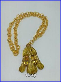 Art Deco Carved Apple juice Bakelite Necklace With Rhinestones Long Chain Tested