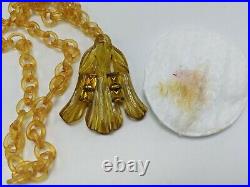 Art Deco Carved Apple juice Bakelite Necklace With Rhinestones Long Chain Tested