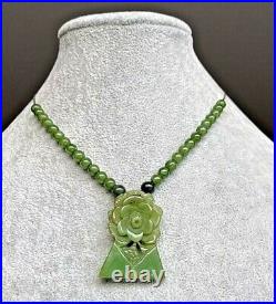 Art Deco Carved Green Bakelite Flower Rose Geometric Pendant Choker Necklace 14