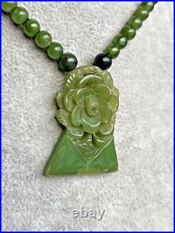 Art Deco Carved Green Bakelite Flower Rose Geometric Pendant Choker Necklace 14