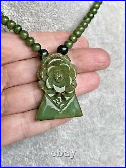 Art Deco Carved Green Bakelite Flower Rose Geometric Pendant Choker Necklace 14