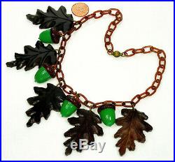 Art Deco Carved Hardwood Oak Leaves Celluloid Acorns Chain Necklace