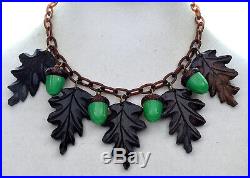 Art Deco Carved Hardwood Oak Leaves Celluloid Acorns Chain Necklace