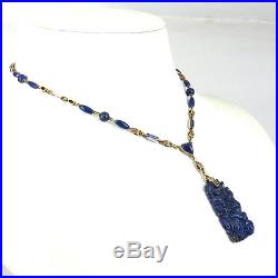 Art Deco Carved Natural Lapis Lazuli & Blue Enamel 14K Yellow Gold Necklace